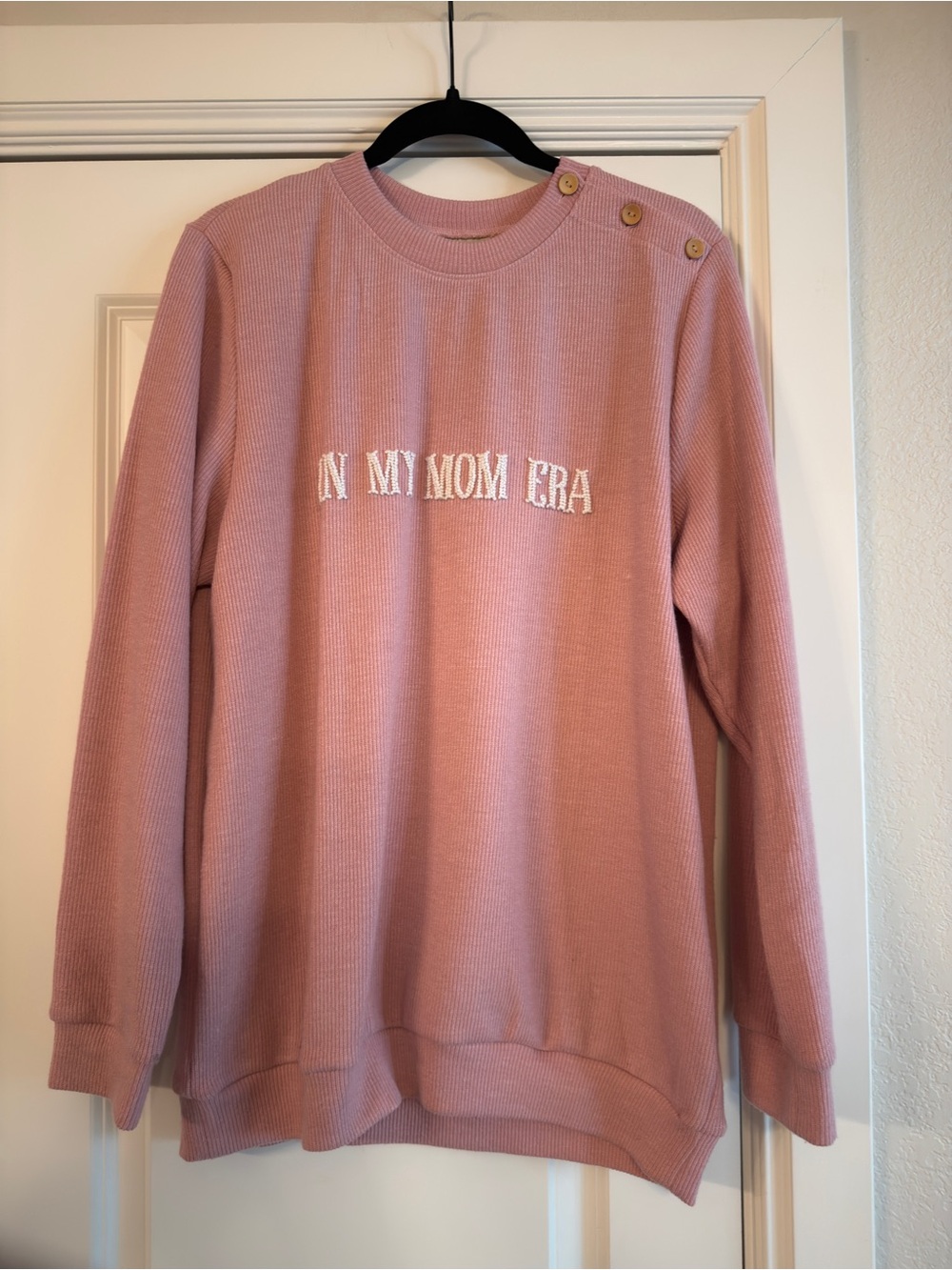 Women's Pink Crewneck Pullover Sweater with Button-Shoulder Detail